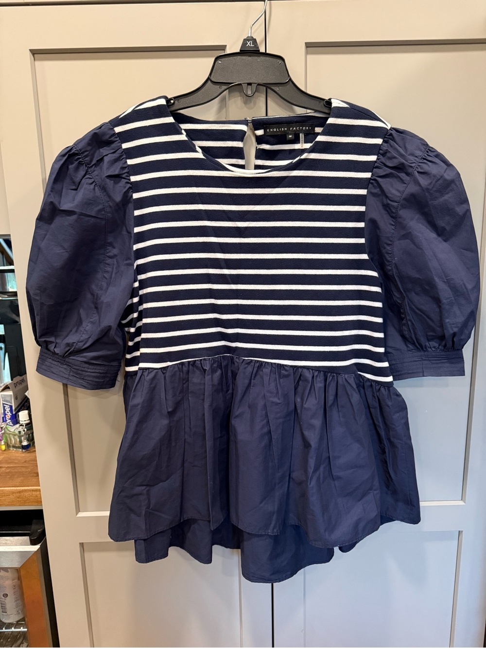 English Factory Navy & White Striped Peplum Puff-Sleeve Top